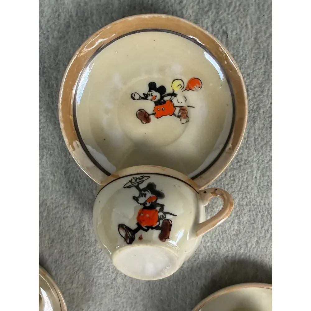 Vintage Lustreware Mickey Mouse Divided Plates for Child's Tea Set + Cups/Saucer